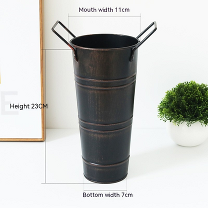 Retro Metal Flower Bucket with Handles – Decorative Flower Pot for Home and Garden