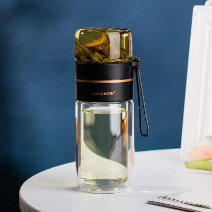 Double-Walled Glass Water Bottle with Tea Infuser and Strainer – Perfect for Tea and Infused Drinks on the Go