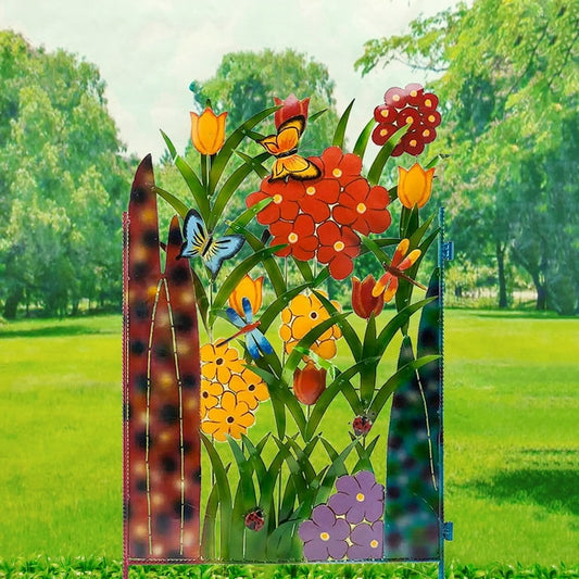 Colorful Garden Fence Decoration with Flowers and Butterflies – Metal Fence for Garden, Patio, and Outdoor Area