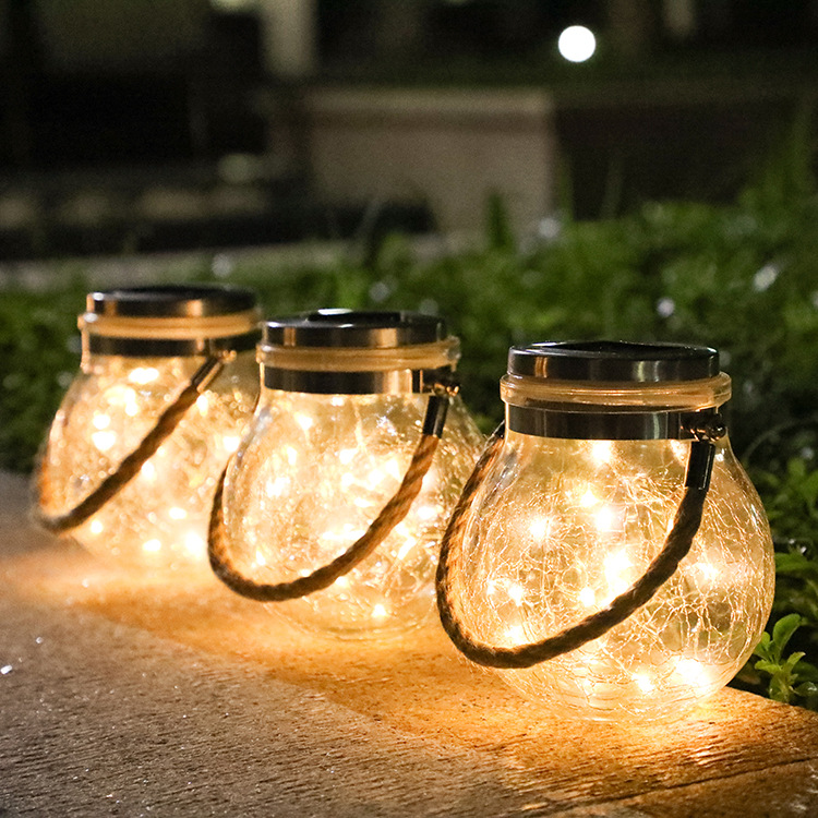 Solar Glass Lantern With LED String Lights – Decorative Garden Lighting For Terrace And Outdoor Areas With Carrying Handle