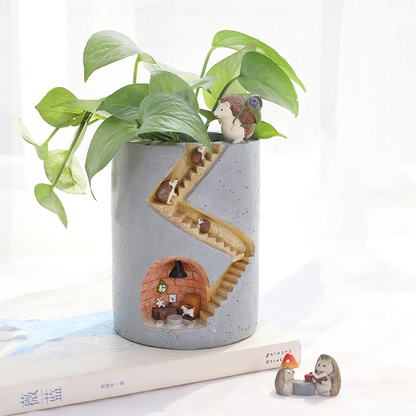 Decorative Plant Pot with Hedgehog and Bunny Miniatures – Creative Planter with Staircase Design