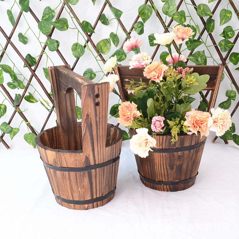 Wooden Barrel-Style Plant Bucket – Decorative Wooden Flower Pot for Garden and Patio