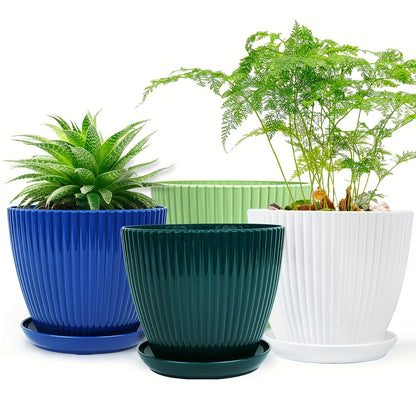 Plastic Flower Pot with Ribbed Texture and Saucer – Durable Plant Pot for Garden and Indoor Spaces