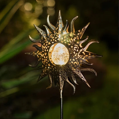 Solar Garden Light Made of Metal – Waterproof LED Lighting in Moon, Flame, Sun, or Star Shape