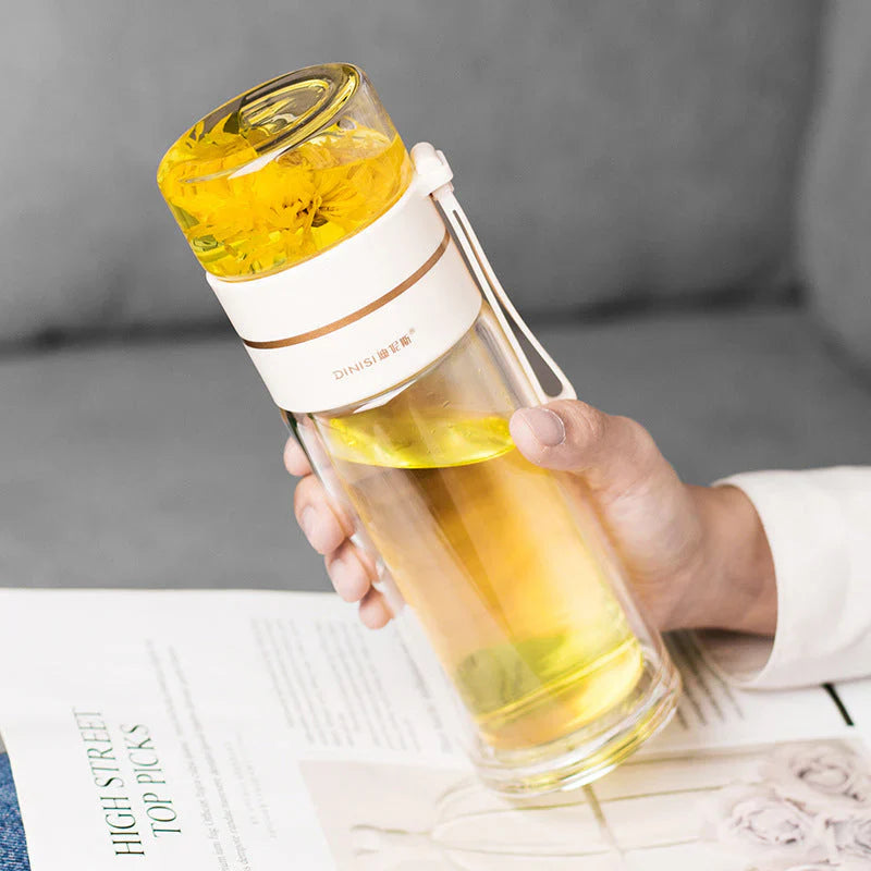 Double-Walled Glass Water Bottle with Tea Infuser and Strainer – Perfect for Tea and Infused Drinks on the Go