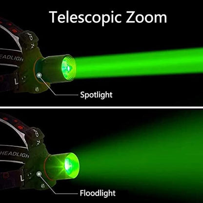 Rechargeable LED Headlamp with White, Red, and Green Light – Multifunctional Head Torch with Zoom, USB Charging Port, and Battery for Outdoor Camping and Emergencies