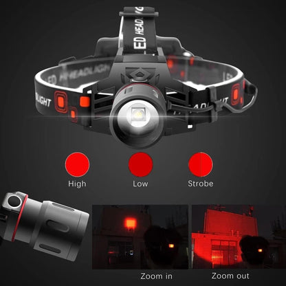 Rechargeable LED Headlamp with White, Red, and Green Light – Multifunctional Head Torch with Zoom, USB Charging Port, and Battery for Outdoor Camping and Emergencies