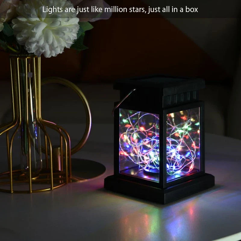 Solar-Powered LED Lantern with String Lights – Decorative Outdoor Lighting for Garden, Patio, Balcony & Outdoor Area, Warm White