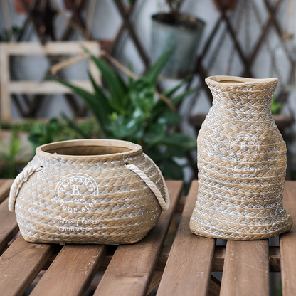 Ceramic Plant Pot In Hemp Bag Design With Rope Handles – Decorative Flower Pot For Garden, Balcony, And Home