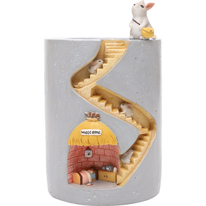 Decorative Plant Pot with Hedgehog and Bunny Miniatures – Creative Planter with Staircase Design