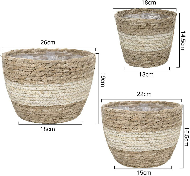 Decorative Seagrass Plant Baskets – 3-Piece Set of Handwoven Planters with Plastic Liner for Home and Garden