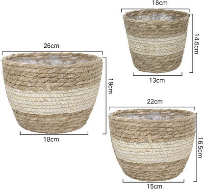 Decorative Seagrass Plant Baskets – 3-Piece Set of Handwoven Planters with Plastic Liner for Home and Garden