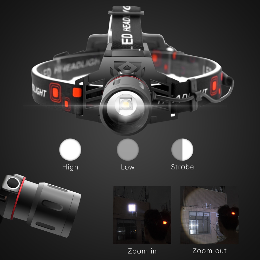 Rechargeable LED Headlamp with White, Red, and Green Light – Multifunctional Head Torch with Zoom, USB Charging Port, and Battery for Outdoor Camping and Emergencies