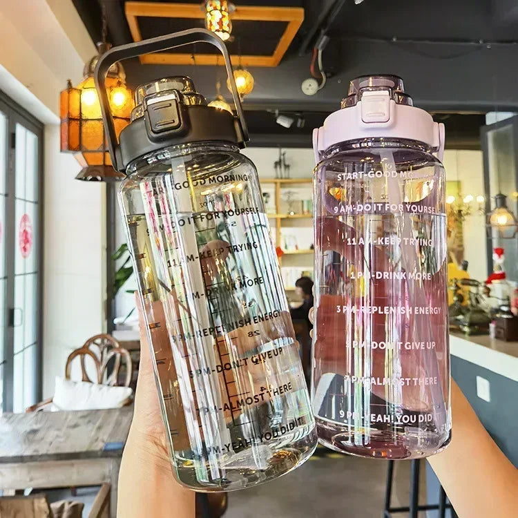 2L Sports Water Bottle with Straw and Time Markers for Easy Drinking and Hydration