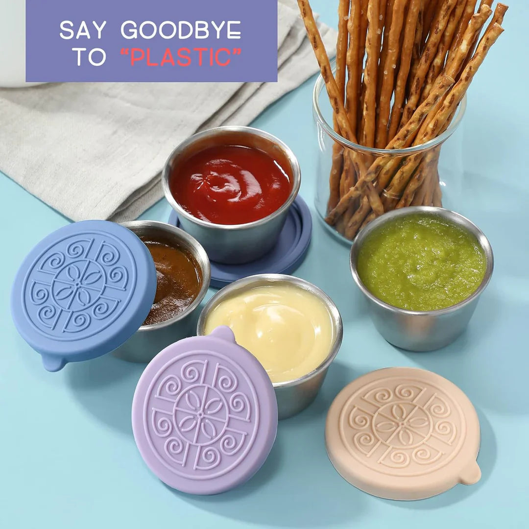 Leakproof Stainless Steel Dip Containers with Silicone Lids (Set of 6) – Perfect for Sauces, Dressings & Snacks