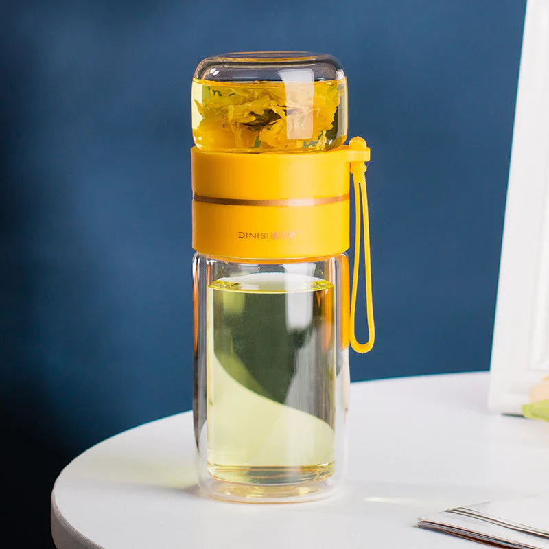 Double-Walled Glass Water Bottle with Tea Infuser and Strainer – Perfect for Tea and Infused Drinks on the Go