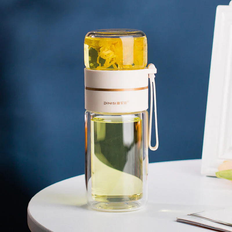 Double-Walled Glass Water Bottle with Tea Infuser and Strainer – Perfect for Tea and Infused Drinks on the Go