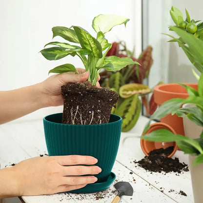 Plastic Flower Pot with Ribbed Texture and Saucer – Durable Plant Pot for Garden and Indoor Spaces
