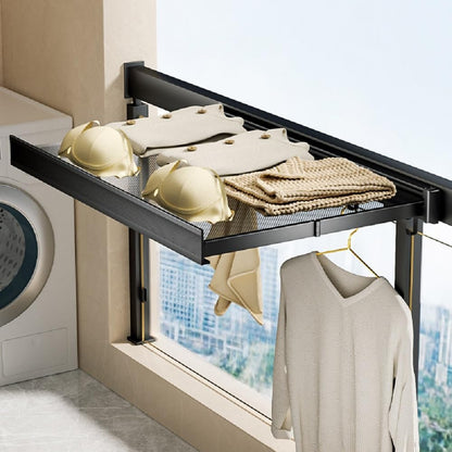 Wall-Mounted Clothes Drying Rack with Grid Shelf and Hook Rail