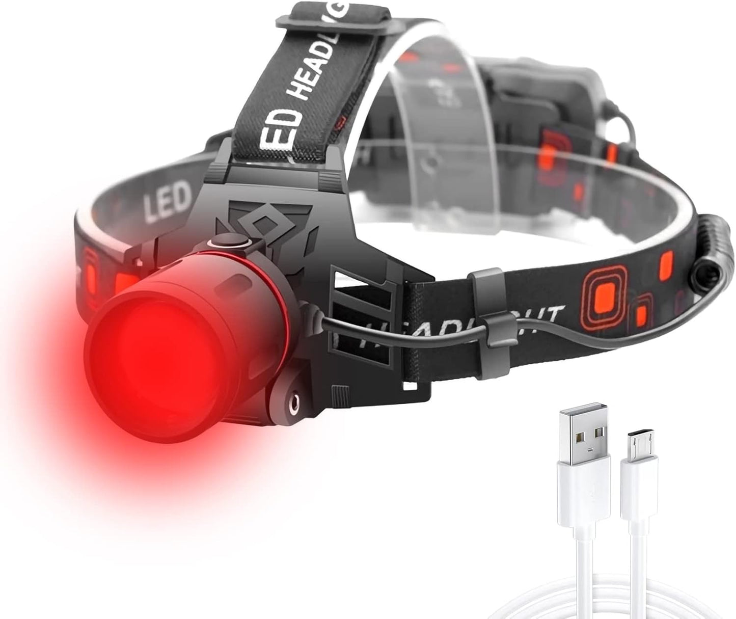 Rechargeable LED Headlamp with White, Red, and Green Light – Multifunctional Head Torch with Zoom, USB Charging Port, and Battery for Outdoor Camping and Emergencies