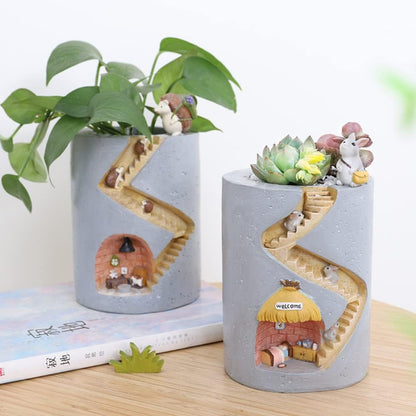 Decorative Plant Pot with Hedgehog and Bunny Miniatures – Creative Planter with Staircase Design