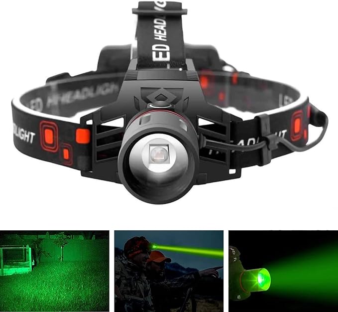 Rechargeable LED Headlamp with White, Red, and Green Light – Multifunctional Head Torch with Zoom, USB Charging Port, and Battery for Outdoor Camping and Emergencies