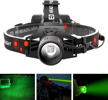 Rechargeable LED Headlamp with White, Red, and Green Light – Multifunctional Head Torch with Zoom, USB Charging Port, and Battery for Outdoor Camping and Emergencies