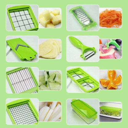 12-in-1 Multifunctional Vegetable Cutter with Interchangeable Blades and Collection Container for Fast Food Preparation