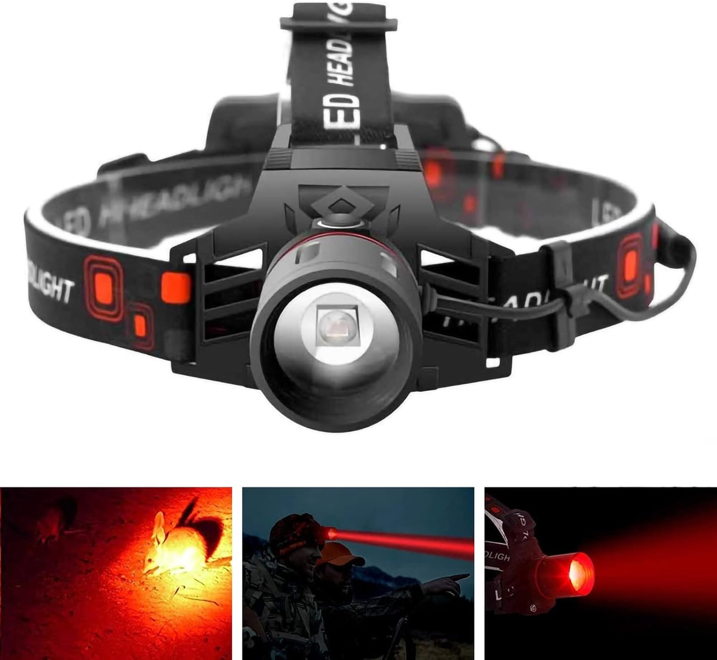 Rechargeable LED Headlamp with White, Red, and Green Light – Multifunctional Head Torch with Zoom, USB Charging Port, and Battery for Outdoor Camping and Emergencies