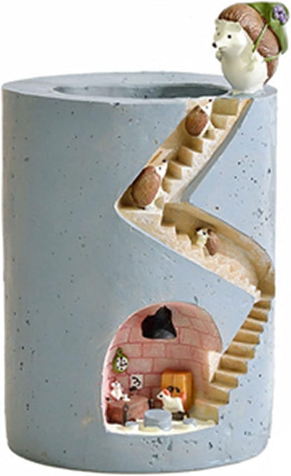 Decorative Plant Pot with Hedgehog and Bunny Miniatures – Creative Planter with Staircase Design