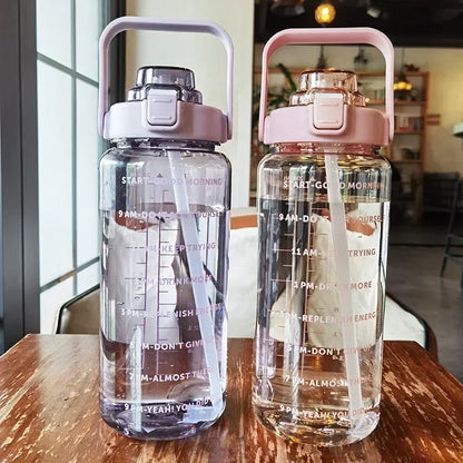 2L Sports Water Bottle with Straw and Time Markers for Easy Drinking and Hydration