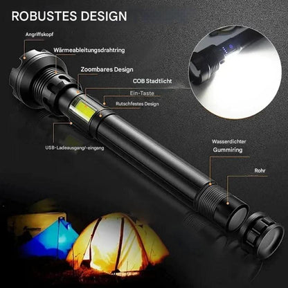 Tactical LED Flashlight with Zoom Function and Power Bank