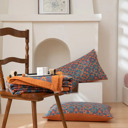 Cotton Blanket with Six-Layer Design and Orange-Blue Pattern