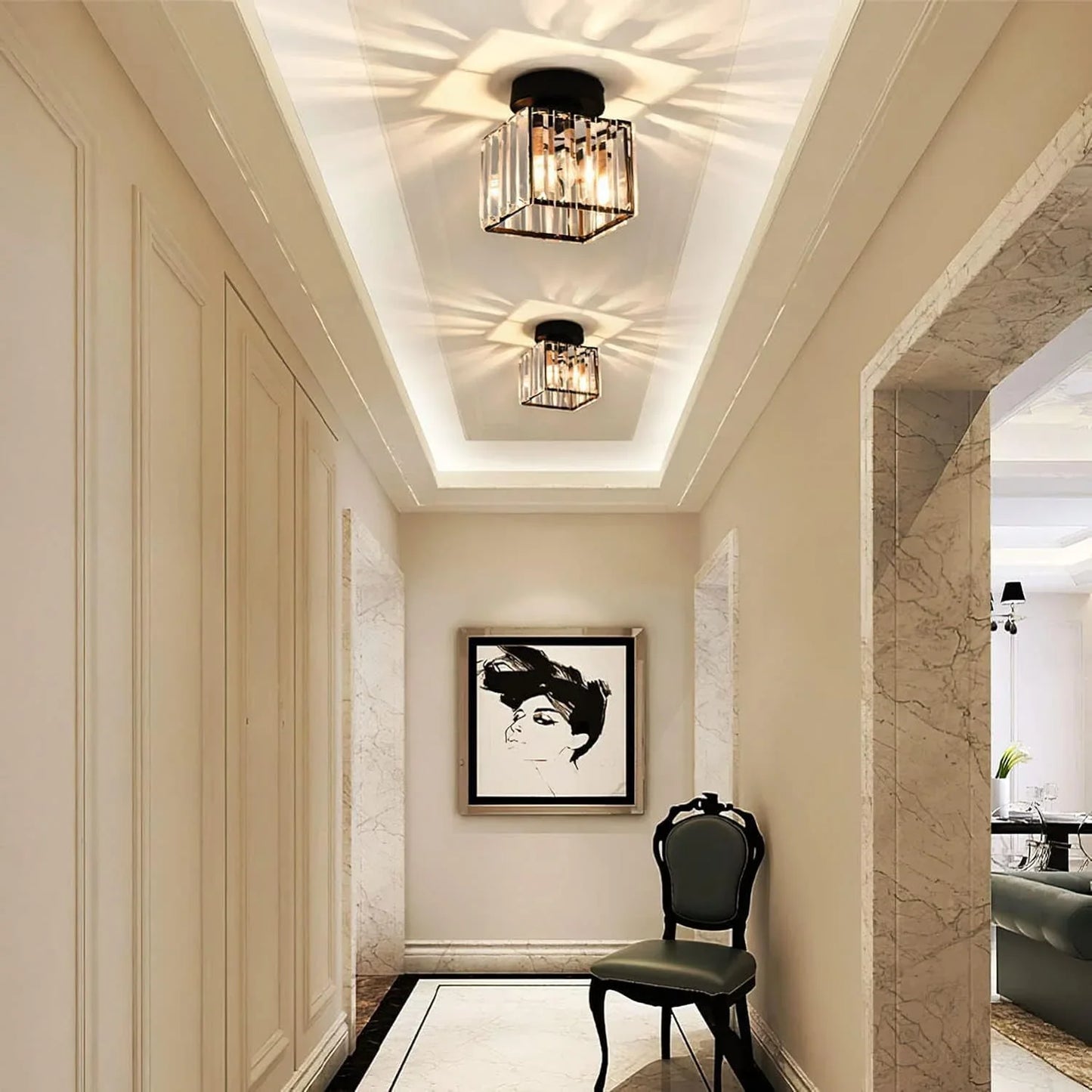 Crystal Ceiling Lamp with Gold and Black – Modern LED Ceiling Light for Living Room, Bedroom & Hallway