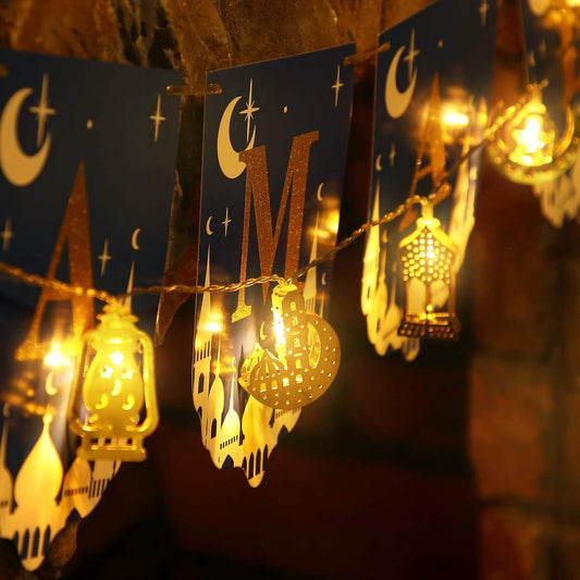Colorful LED string lights with moon and lantern motifs – decorative lights for garden, terrace, and indoor spaces