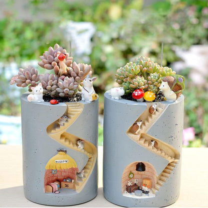 Decorative Plant Pot with Hedgehog and Bunny Miniatures – Creative Planter with Staircase Design