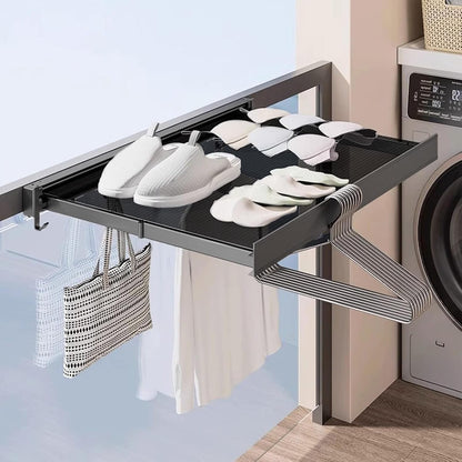 Wall-Mounted Clothes Drying Rack with Grid Shelf and Hook Rail
