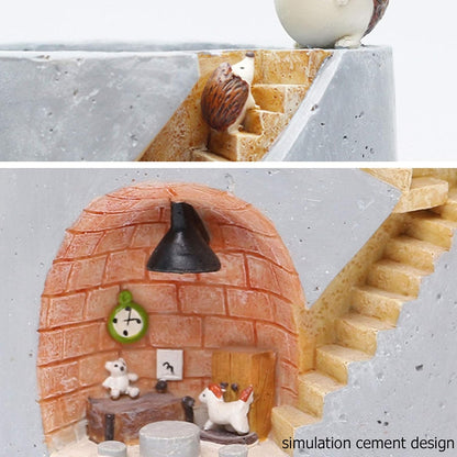 Decorative Plant Pot with Hedgehog and Bunny Miniatures – Creative Planter with Staircase Design