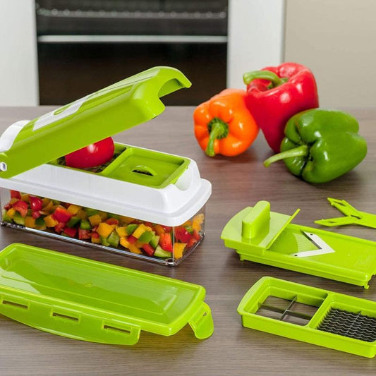 12-in-1 Multifunctional Vegetable Cutter with Interchangeable Blades and Collection Container for Fast Food Preparation