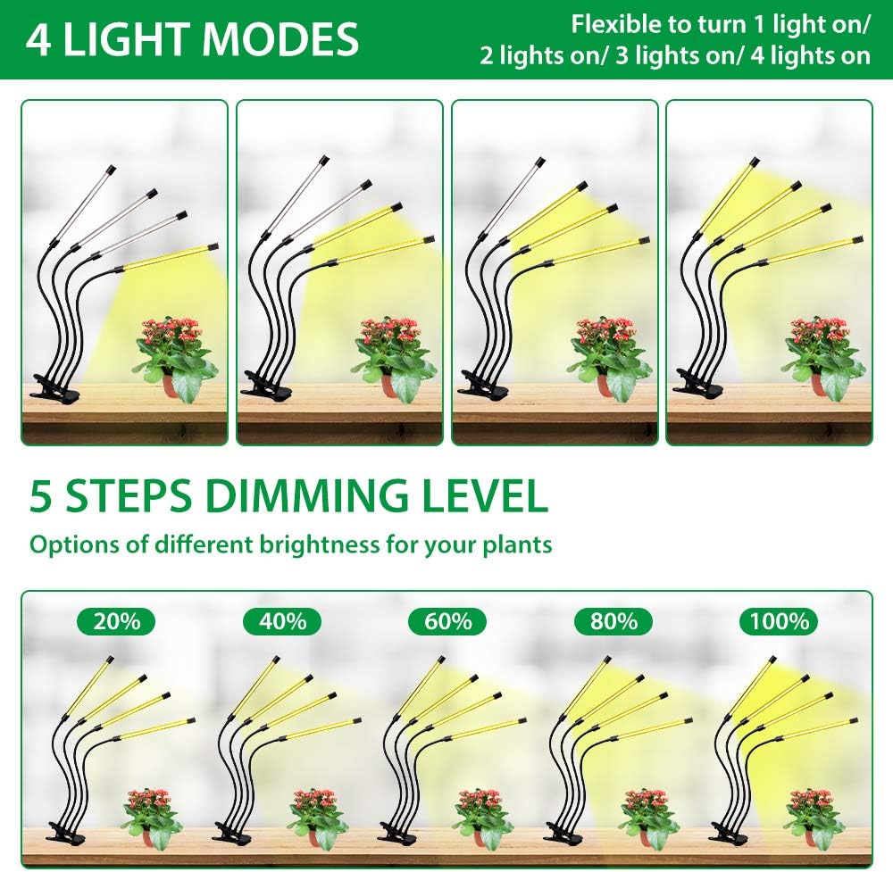 Plant Growth Light with 4 Adjustable Arms and Dimmer Function – LED Grow Light for Indoor Gardens