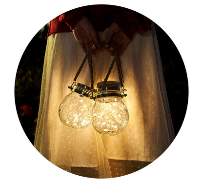 Solar Glass Lantern With LED String Lights – Decorative Garden Lighting For Terrace And Outdoor Areas With Carrying Handle
