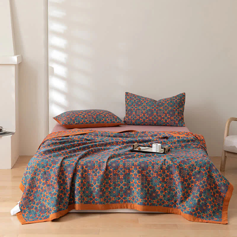 Cotton Blanket with Six-Layer Design and Orange-Blue Pattern