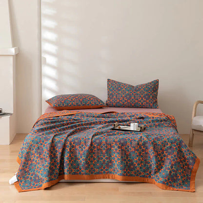 Cotton Blanket with Six-Layer Design and Orange-Blue Pattern