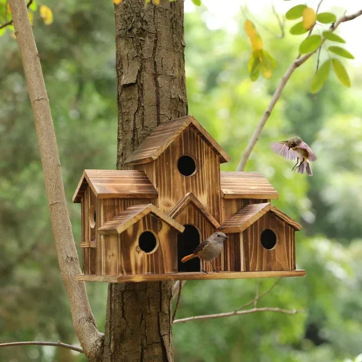 6-Hole Handcrafted Birdhouse – Rustic Garden Decoration for Birds