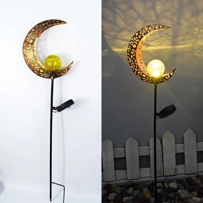 Solar Garden Light Made of Metal – Waterproof LED Lighting in Moon, Flame, Sun, or Star Shape
