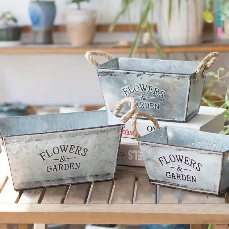 Decorative Metal Planter with Hemp Rope Handles – Durable Garden Container for Plants and Flowers