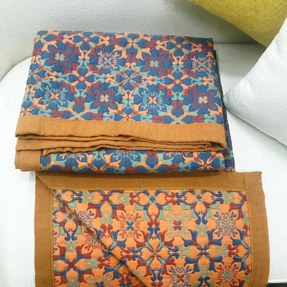 Cotton Blanket with Six-Layer Design and Orange-Blue Pattern