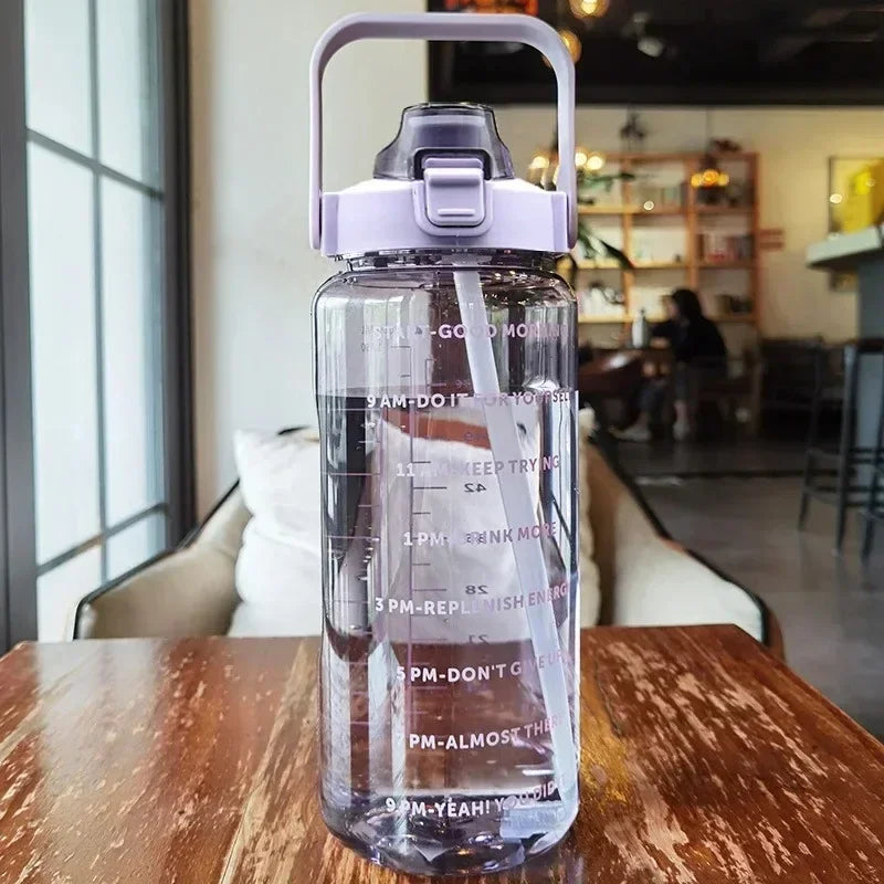 2L Sports Water Bottle with Straw and Time Markers for Easy Drinking and Hydration