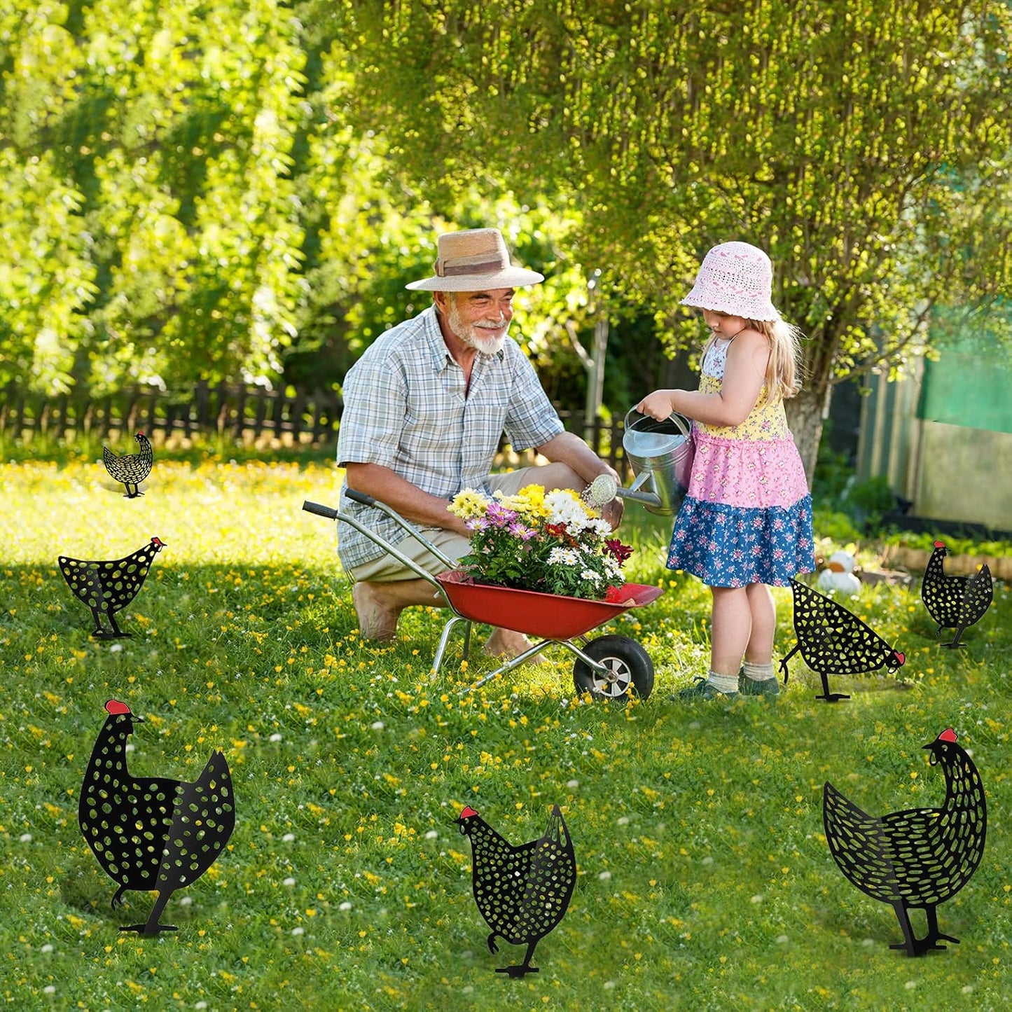 Decorative Metal Chickens – Garden Stake Set for Outdoor Use