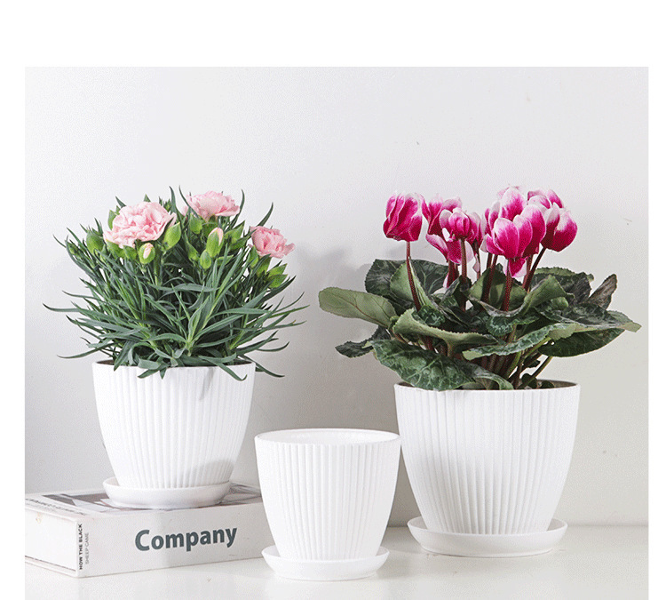 Plastic Flower Pot with Ribbed Texture and Saucer – Durable Plant Pot for Garden and Indoor Spaces